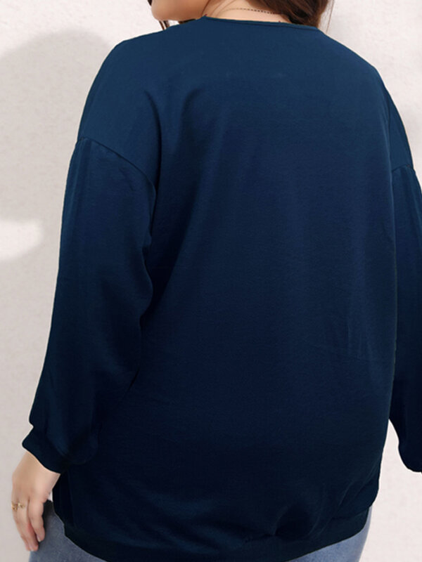 Finjani 플러스 사이즈 대비 레이스 V넥 티셔츠, 캐주얼 긴팔 상의, 용수철 및 가을용 여성복