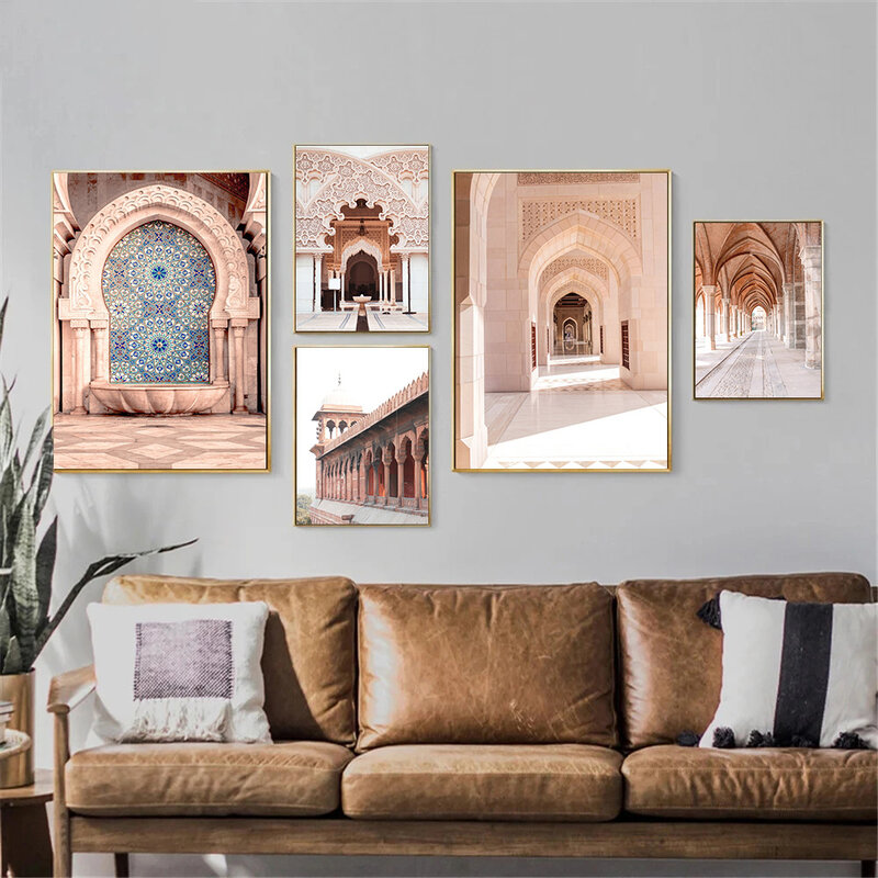 Poster kanvas arsitektur pintu Maroko seni kaligrafi Arab Islam cetakan lukisan dinding religius gambar dekorasi ruang tamu