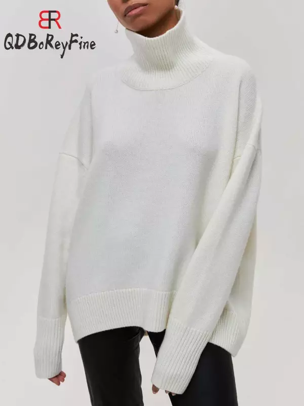 Sweater pullover rajut wanita, Turtleneck musim dingin ukuran besar lengan panjang atasan kasual longgar Jumper putih tebal hangat