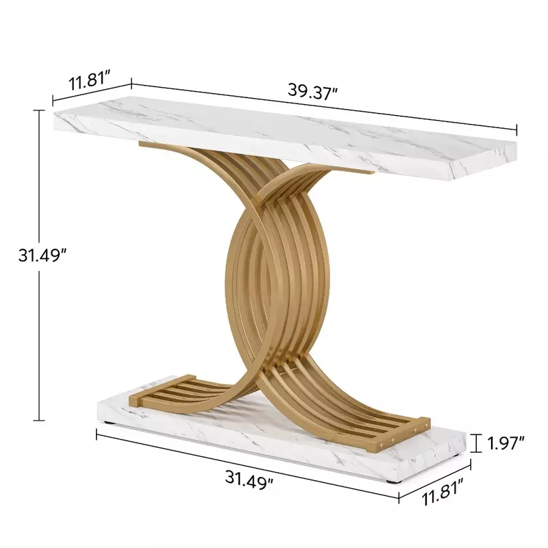 Modern Console Table Faux Marble Entryway Hallway Table With Geometric Gold Metal Legs 40-Inch Narrow Wood Bedside Cabinet Side