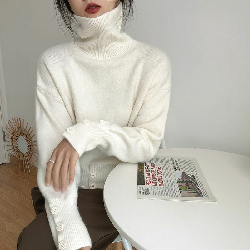 Sweater rajut leher kura-kura wanita, pullover Y2k desain kancing cantik mode Korea 5 warna Retro elegan musim gugur musim dingin