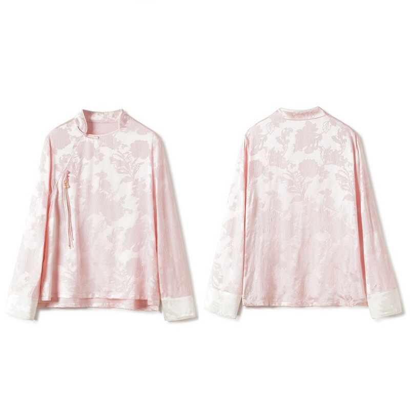 YCMYUNYAN-Camisa de cetim estilo chinês feminina, blusas vintage, tops soltos de mangas compridas, roupas florais, primavera e verão