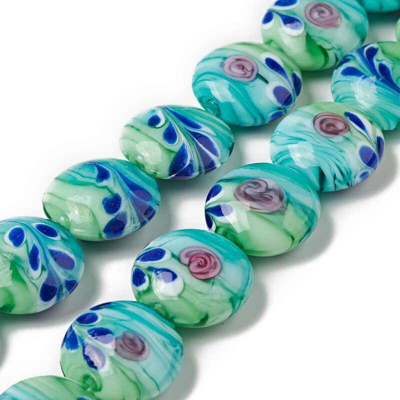 18pcs/strand Handmade Lampwork Beads Loose Spacer Bead Flat Round with Flower 20x10mm for Jewelry Making DIY Bracelet Necklace