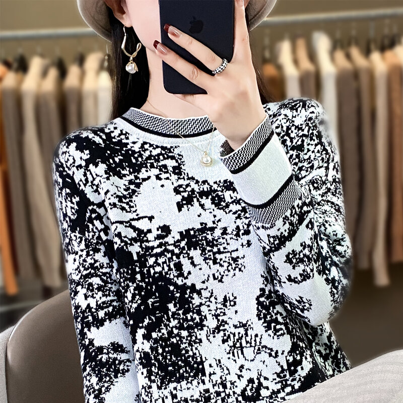 Женский пуловер весна-осень 100% хлопок свитер Повседневная трикотажная одежда Дамские топы с ландшафтным принтом Свободная блузка с круглым вырезом