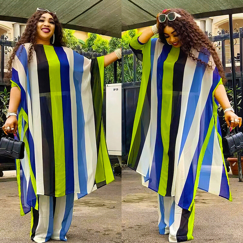 Mode Chiffon Moslim Set Vrouwen Abaya Dubai Islam Kalkoen Strepen Slash-Hals Top + Wijde Pijpen Broek 2Ps Femme Ensembles Musulmans