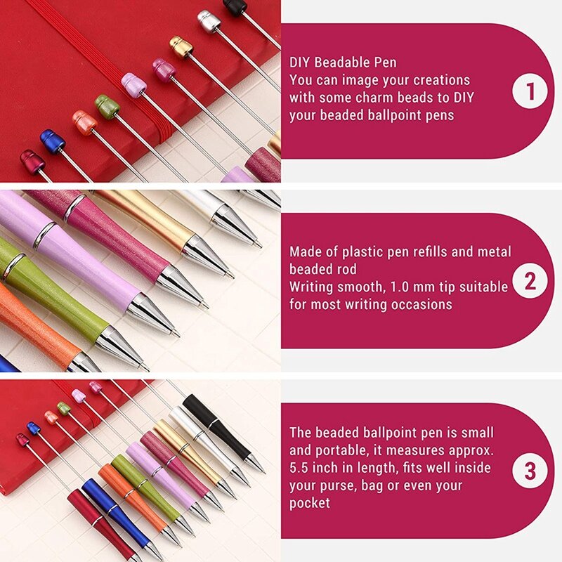 Plastic Beadable Pen Bead Pens Ballpoint Pen Ball Pen For Kids Students Presents Office School Supplies, 20Pcs