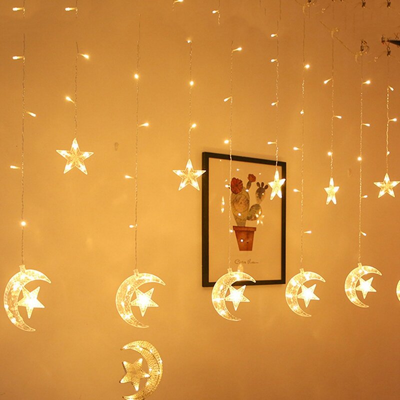 Guirxiété Lumineuse LED en Forme de Lune et d'Étoile, Décoration de Vacances, Rideau, Lanterne Néon de Mariage, Décor de Ramadan