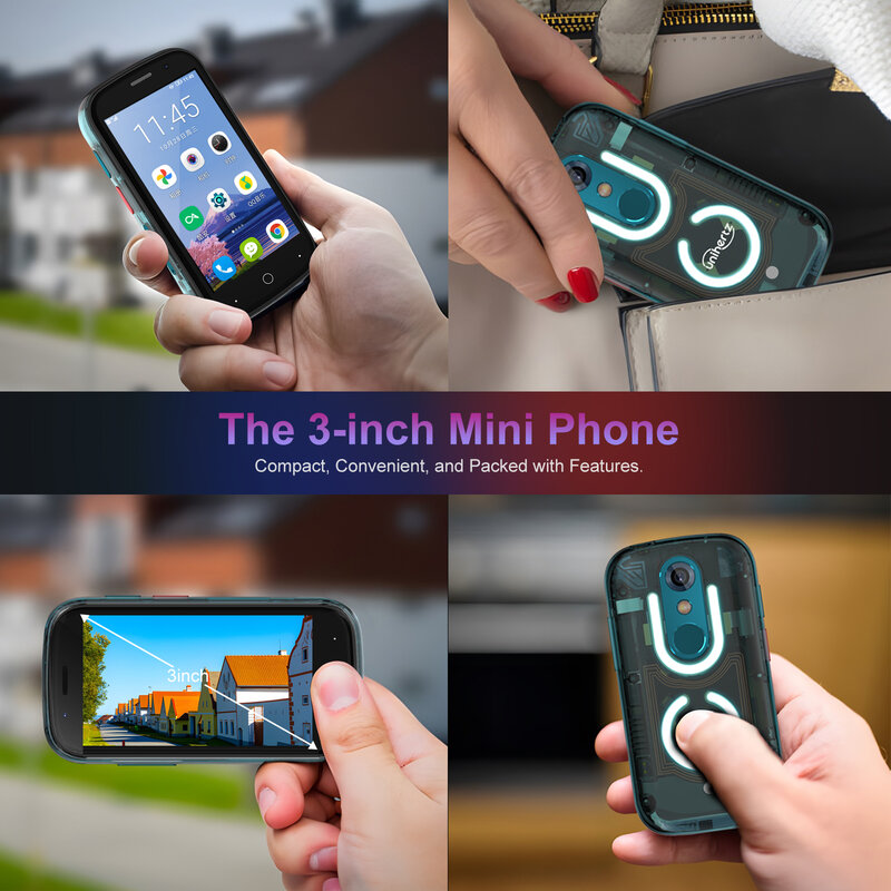 Unihertz-スターミニ携帯電話,3インチ画面,スマートフォン,透明ケース,Android 256,8GB,GB
