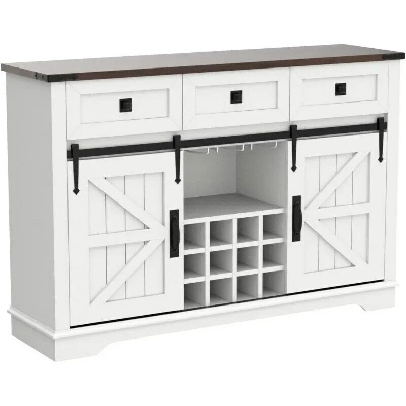 Farmhouse Buffet Cabinet, 54" Coffee Wine Bar Cabinet w/ 3 Drawers, Sliding Barn Door, Wine & Glass Rack