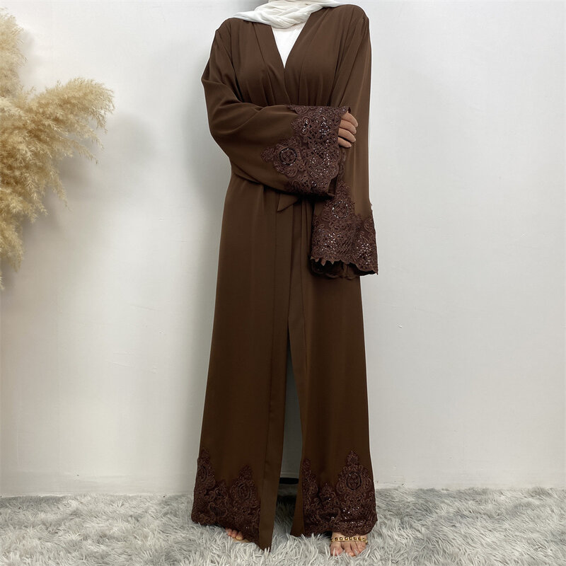 Mode Spitze Stickerei muslimischen offenen Abaya Strickjacke Kimono Maxi kleid Truthahn Arabisch Kaftan Dubai Robe Islam Femme Jalabiya Kaftan
