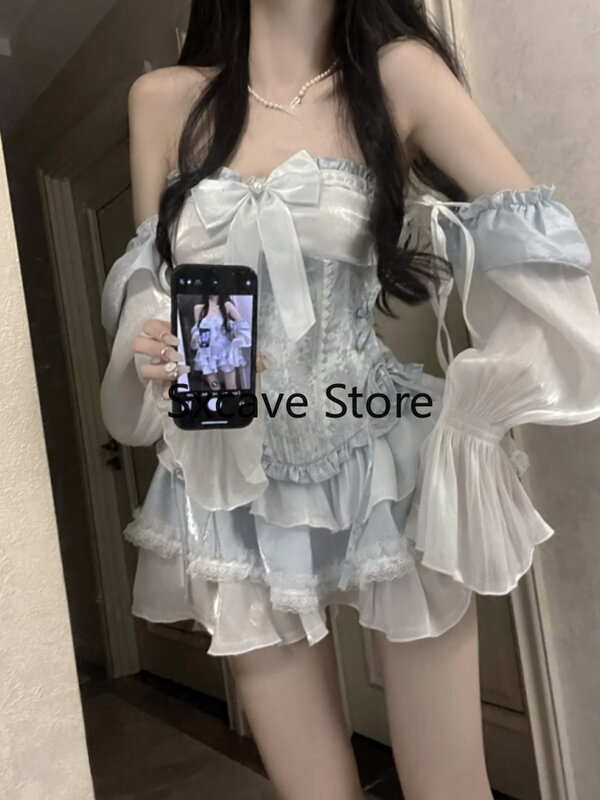 Kawaii abbigliamento Vintage set da 2 pezzi gilet aderente da donna + Mini abito Y2k in stile giapponese anche abiti da festa Lolita 2024 Chic
