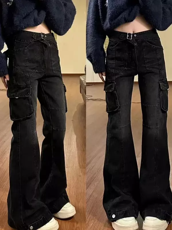 Retro American High Street Office Lady Black Flare Jeans with Multiple Pockets Slim Bell Bottoms Gyaru Women Denim Trousers