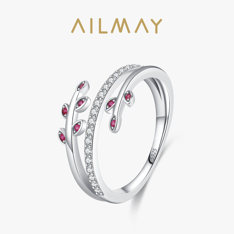 Ailmay  Solid 925 Sterling Silver Fashion Charm Leaves Sparkling CZ Finger Ring For Women Wedding Engagement Fine Female Jewelry