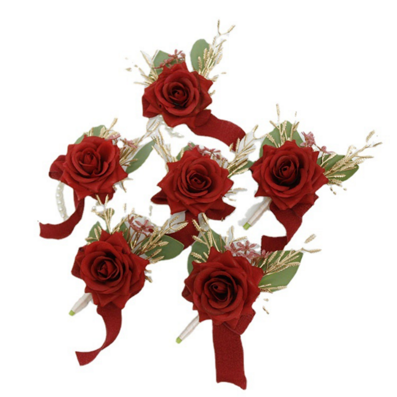 Бутоньерка ручной работы с цветами свадебная бутоньерка для невесты темно-красный браслет с цветами для шафера корсажная Шелковая Роза бутоньерка на руку