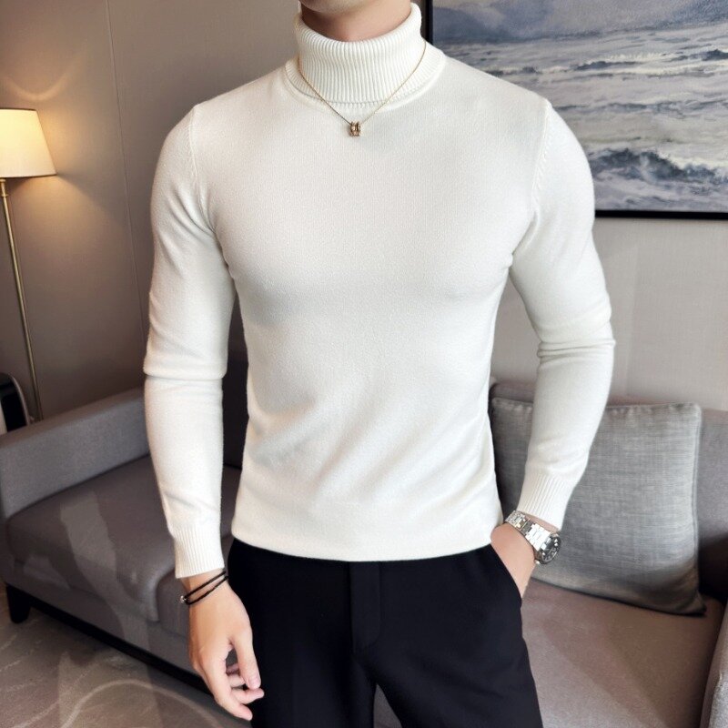 Men's Autumn and Winter High Neck Knit Sweater  Slim Fit Long Sleeve Pullover Solid Color Tops