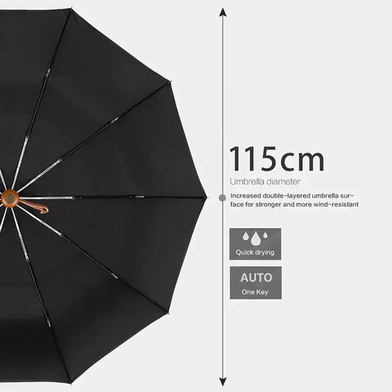 PARACHASE-paraguas grande de madera para hombre, sombrilla automática de estilo de negocios de 115cm, doble capa, a prueba de viento, 10K