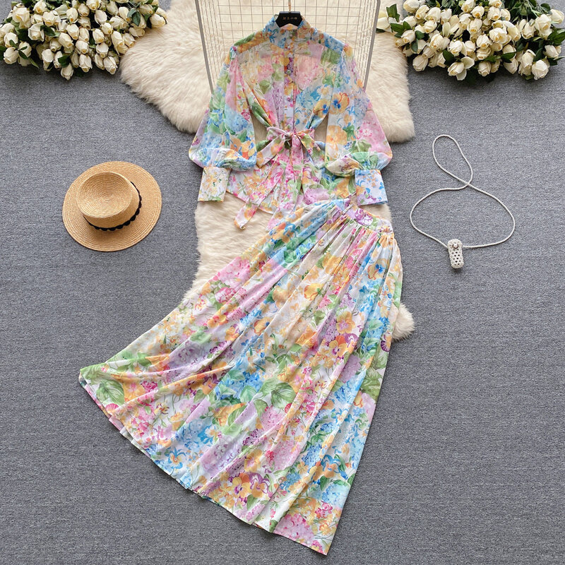 2024 Fashion Bohemain Flower Maxi Dress Women's Stand Long Lantern Sleeve Single Breasted Floral Print Lace Up Loose Boho Robe