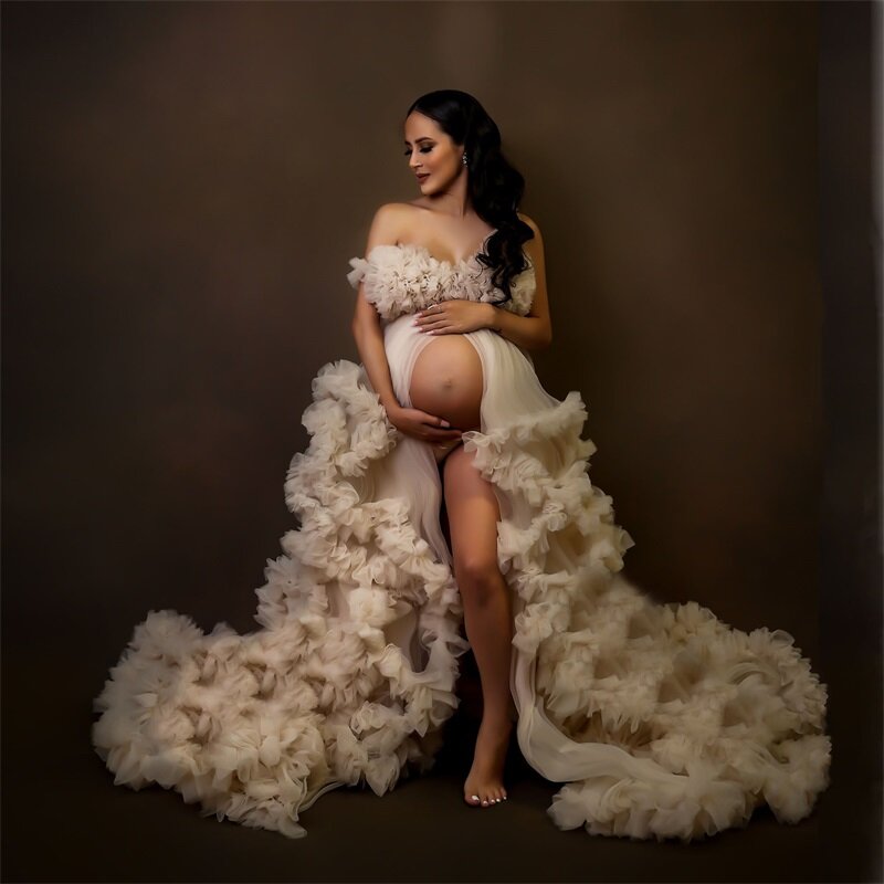 Vestido De Maternidade De Gravidez De Tule Marfim, Ruffled Mesh Puffy Prom Gown, Custom Made, Fotografia, Photoshoot, Baby Shower, Mulheres