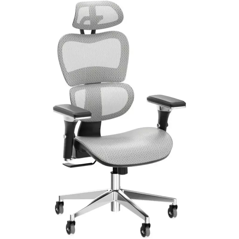 Офисное кресло с регулируемыми подлокотниками 4D, регулируемые подголовники и колеса, сетчатая высокая спинка, стол для дома и офиса и стул (серый)