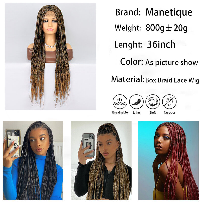 36 Inch Box Braid Lace Front Wigs with Baby Hair Long Knotless Box Braids Wig Lace Front Synthetic Ombre Brown Braided Lace Wig