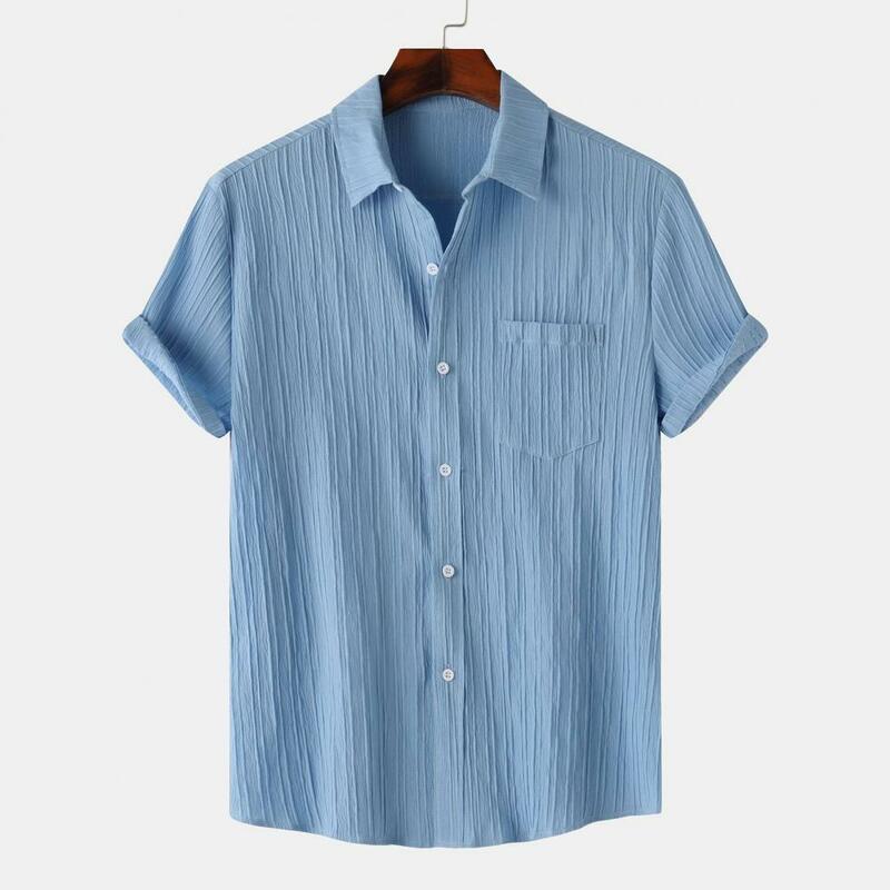 Camisa de gola virada para baixo masculina, de peito único, cor pura, manga curta, bolso no peito, botões, blusa casual solta, verão