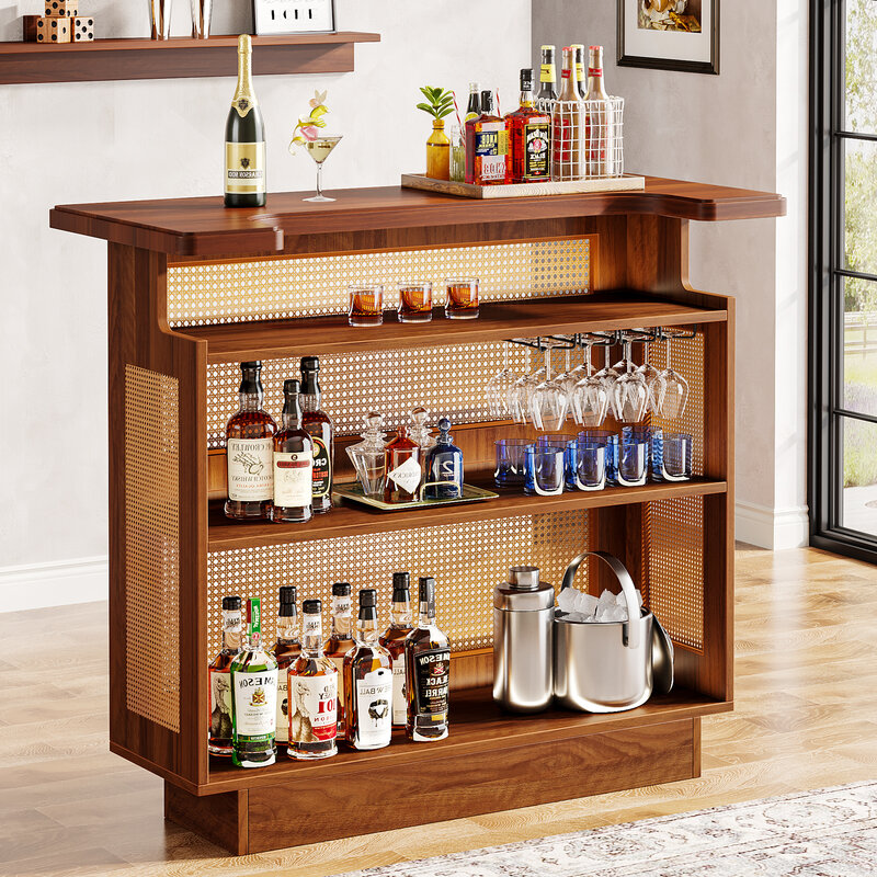 Tribesigns Rattan Home Bar Unit, Farmhouse 4-Tier Bar Table with 4 Stemware Racks and Heightened Base, Liquor Wine Bar Cabinet