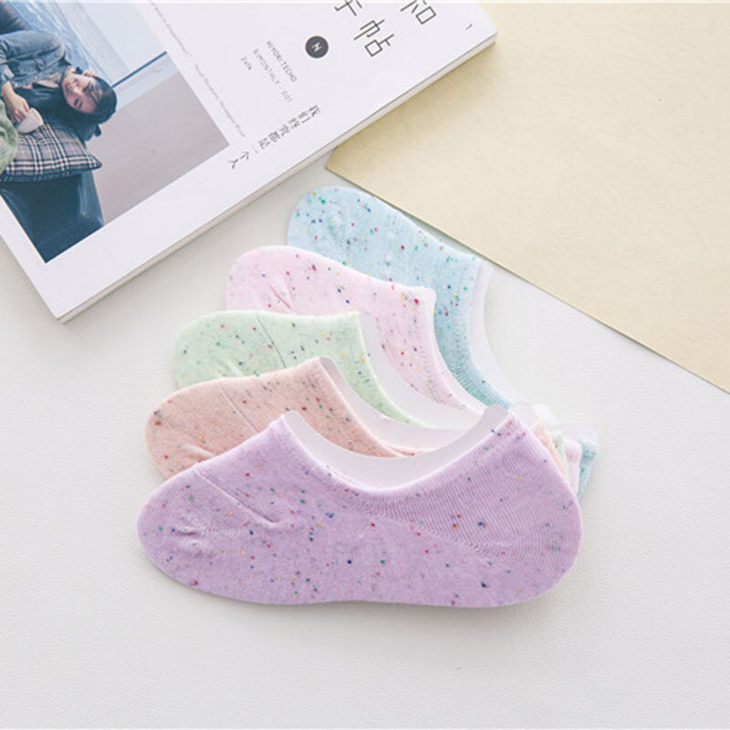 5 Pairs Women's Summer Cotton Invisible Socks Silicone Anti-skid Shallow Mouth Thin Comfortable Breathable Candy Color Boat Sock