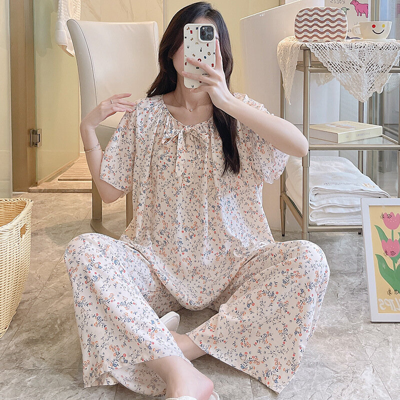 Rundhals ausschnitt Frenulum Lounge Kleidung dünne Baumwolle Seide Nachthemd Kurzarm lange Hosen Pyjama zweiteilige Set weibliche Hauskleidung