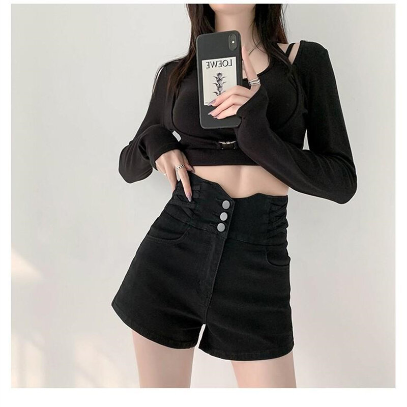 Women's High Waisted A-line Black Denim Shorts Summer New Vintage Street Style Mini Jeans Female Wide-leg Sexy Hot Pants