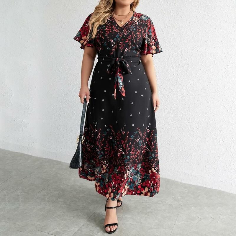 Plus Size Floral Print Dress Elegant Floral Print Maxi Dress with Lace-up Detail Belted Waist for Women Plus Size Ankle Length V