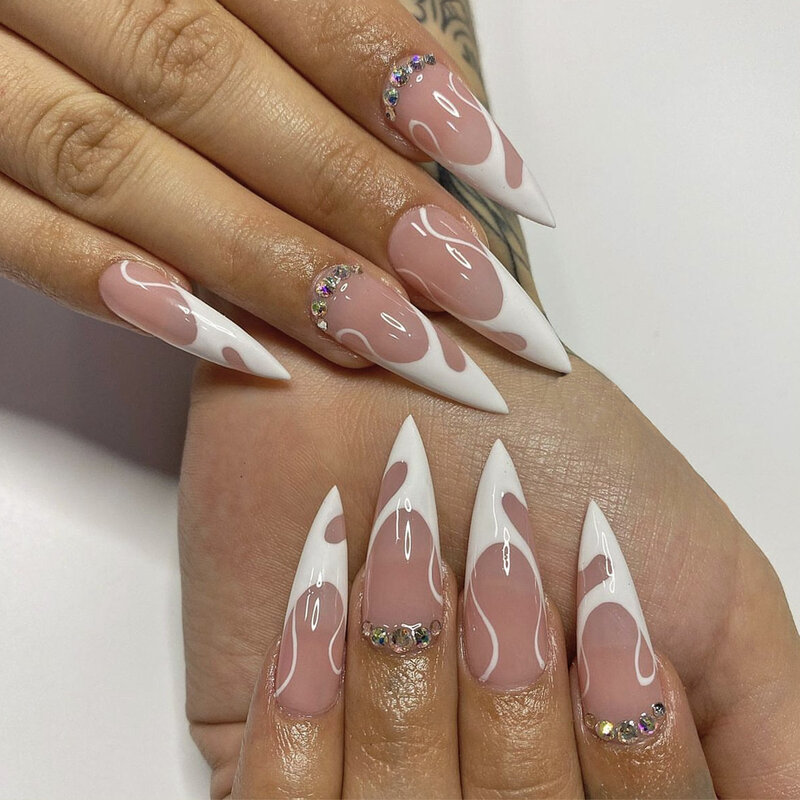 24Pcs Almond False Nails Cowry with Rhinestone Nude French Design Wearable Fake Nail Simple Ballet Decoration Press on Nail Tips