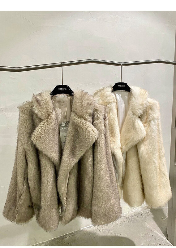 Abrigo de piel de solapa grande de alta calidad para invierno, chaqueta de piel sintética peluda y cálida de manga larga, abrigo suelto con puntas de color de contraste