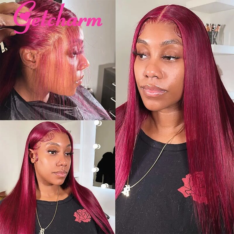 99J Burgundy lurus 13x4 wig rambut manusia renda depan rambut Brasil wig Frontal lurus warna merah pre-plecked untuk wanita