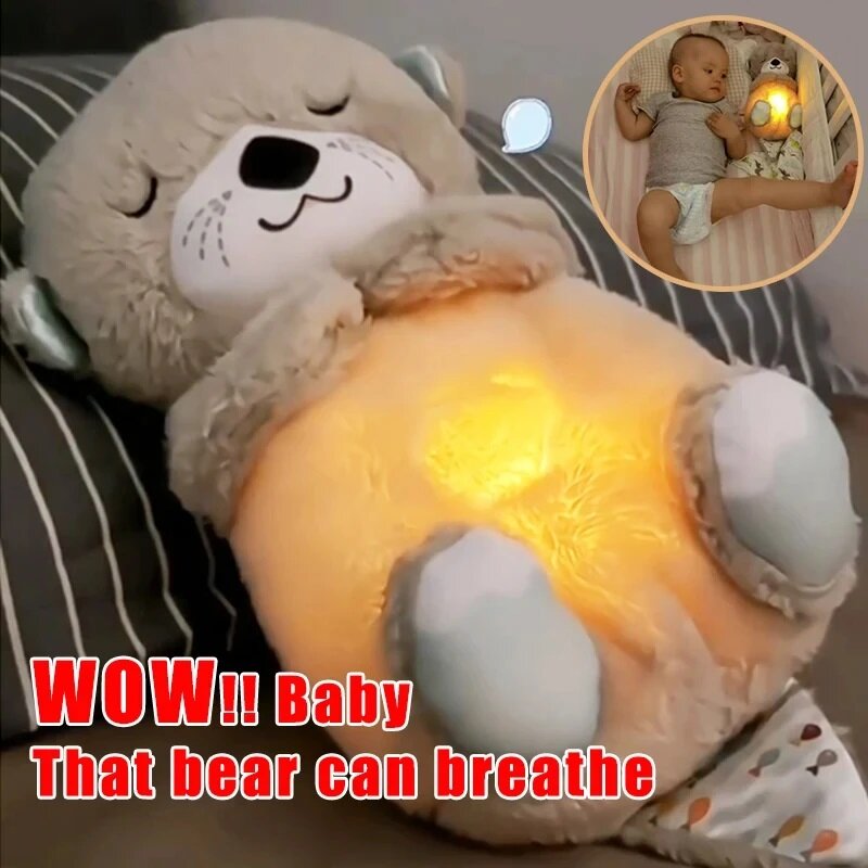 Breathing Otter Plush Soothing Bear Baby Sleep Snuggle Buddy Teddy White Noise Music Sleeping Sound Light Rhythmic Doll Toy Gift