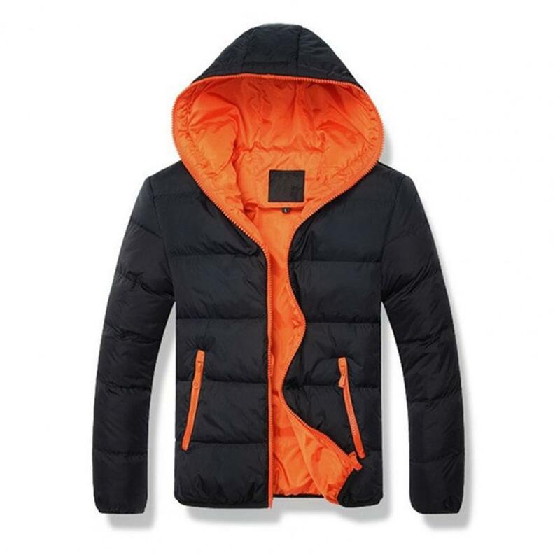 Men Winter Contrast Color Padded Jacket Hooded Drawstring Long Sleeve Pockets Zipper Placket Slim Thickened Warm Coat