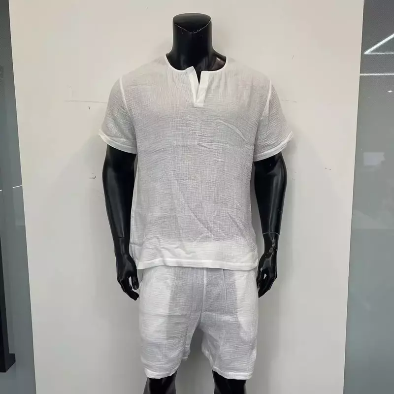 2024 Men's Set Summer Loose Casual Solid V-neck Short Sleeved Shirt Shorts Two Piece Set for Men