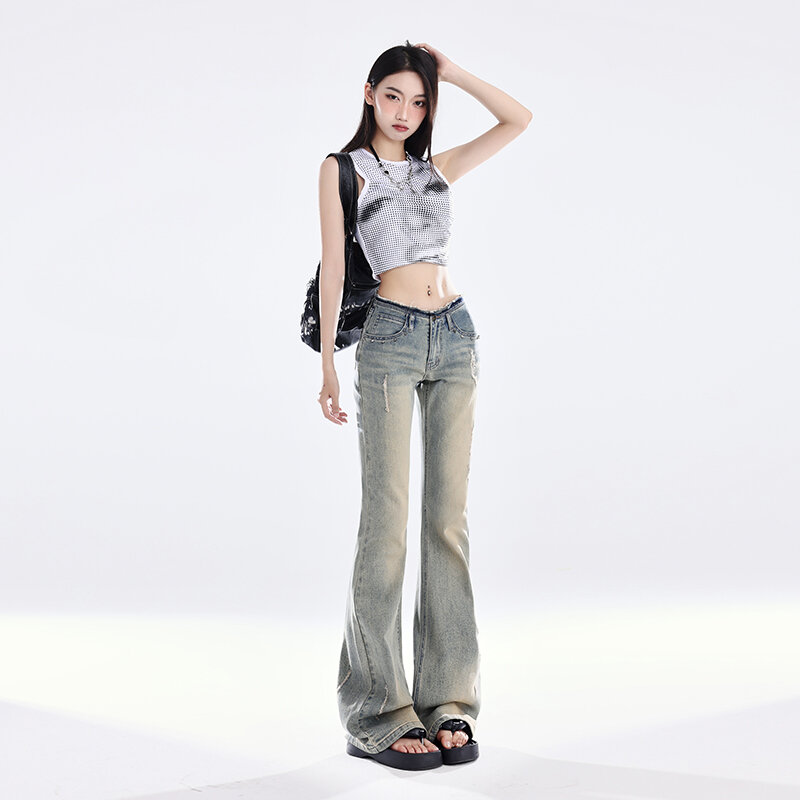 Vintage Streetwear Flare Jeans Women Summer Slim Skinny Denim Trousers Korean Style High Waist Jeans Y2K