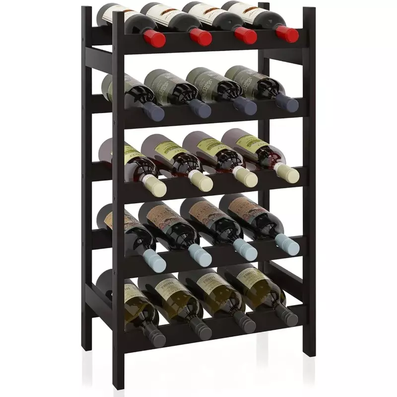 Bamboo Wine Rack, 20 Bottles Display Holder, 5-Tier Free Standing Storage Shelves for Kitchen, Pantry, Cellar, Bar (Walnut)