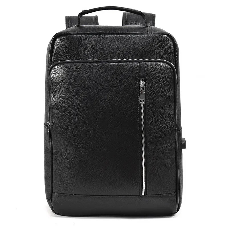 Черный кожаный рюкзак для мужчин, дорожный ранец из натуральной коровьей кожи, школьный деловой портфель для ноутбука 15,6 дюйма с USB-разъемом