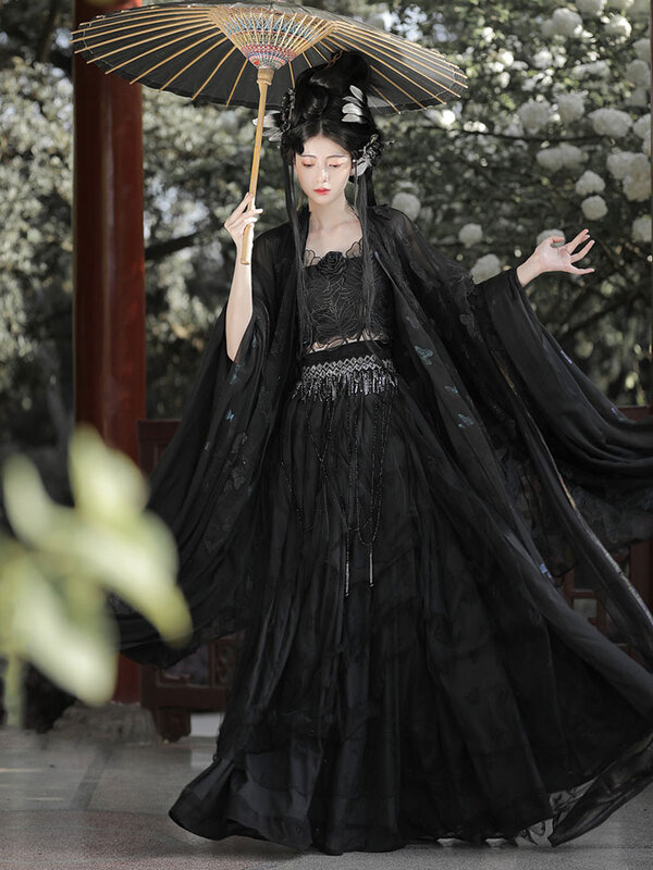 Ханьфу в национальном стиле, длина талии, съемная юбка Hezi, рубашка с большими рукавами, иммортальное тёмное кимоно Qi, комплект с юбкой ханьфу