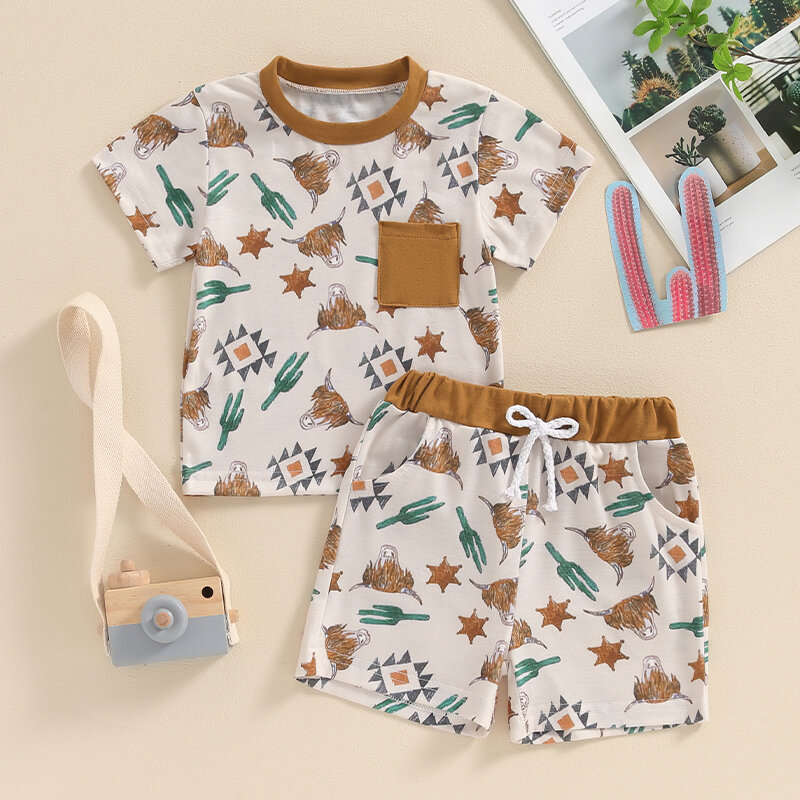 Lioraitiin Toddler Baby Boy Summer Outfits Cattle Print O-Neck Short Sleeve Tops Elastic Waist Shorts with Pockets Clothes Set