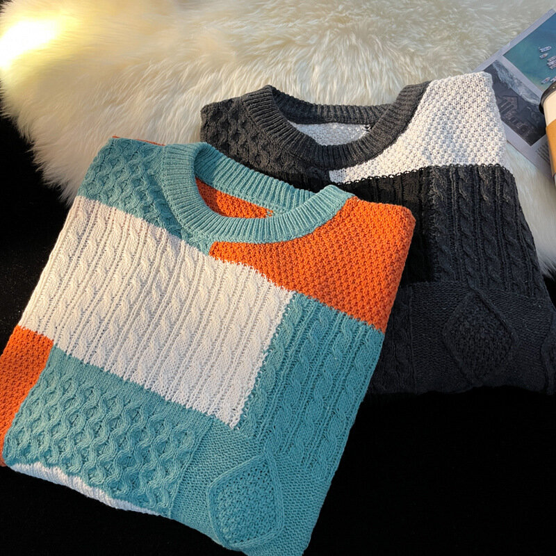 2024 męski Retro kontrastujący kolor żakardowy sweter jesienno-zimowy luźny okrągły dekolt wszechstronny swobodny sweter