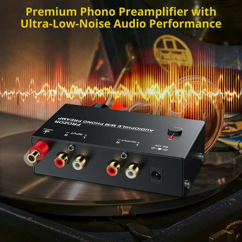 PROZOR-Préamplificateur Phono Audiophile M/M, Port d'Entrée et de Sortie avec Bouton de Volume, Adaptateur d'Alimentation UE, 2 RCA