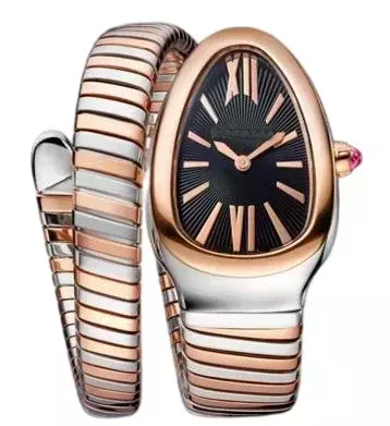 นาฬิกาควอตซ์สำหรับผู้หญิงลายงูทองคำสีกุหลาบโรมสายสแตนเลสสตีลแซฟไฟร์