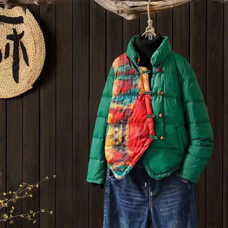 Jaket motif gesper bergaya Tiongkok, jaket motif gesper gaya Tiongkok, jaket musim gugur musim dingin, mantel parka hangat pendek wanita