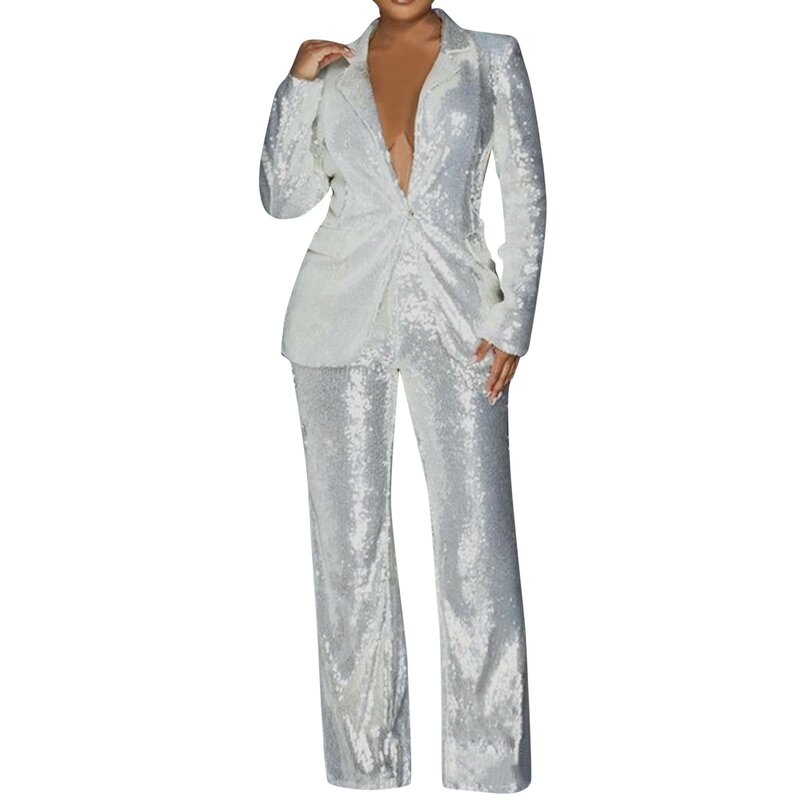 Fashion Solid Women 2 Pieces Sets Blazer Pant Suits Spring 2024 Long Sleeve Sequins Blazer Coat High Waist Wide Leg Pants Femal