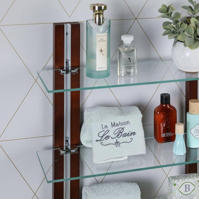 Adjustable 3-Tier Glass Wall Mount Shelf with Wooden Bars Modern Bathroom Space Saver Elegant Design Brown Dimensions