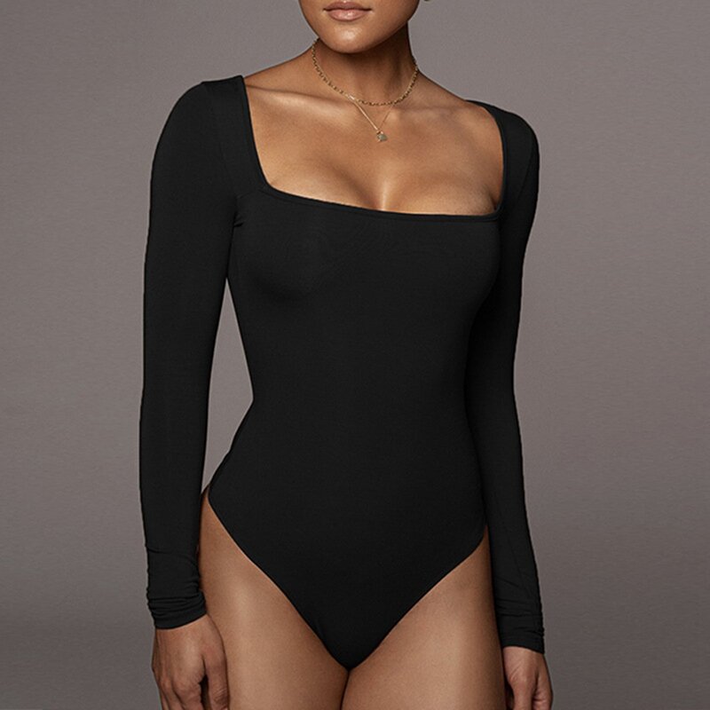 Women's Bodysuit Square Neck Long Sleeve Bodysuit Sexy Body Suits Women Tops Clothing,Black L