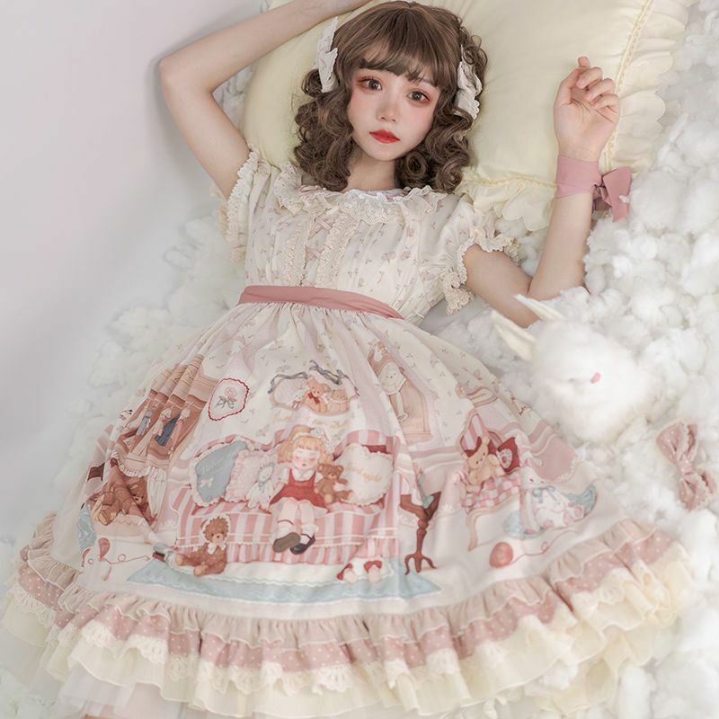 Vestido de princesa Lolita con volantes, camisola femenina de manga corta con lazo