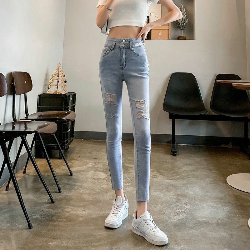 Celana panjang Jeans wanita, celana panjang Denim ramping pinggang tinggi lubang warna polos, celana pensil semata kaki musim panas